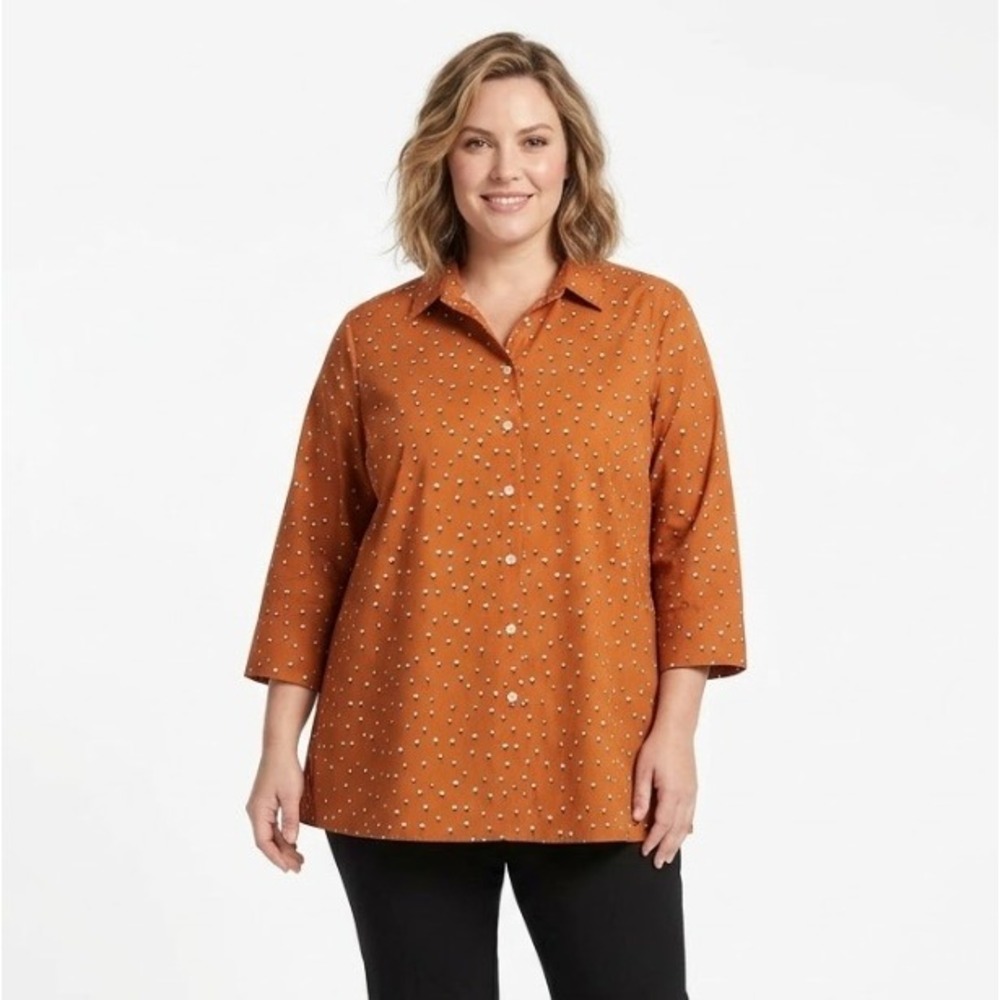 Chico's Burnt Orange Floral Cotton Button Down size 16 Preppy Office‎